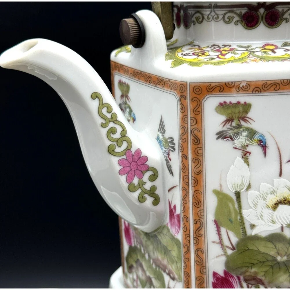 Toyo Ming Lotus Japan Porcelain Tea Warmer Set Teapot 6 Cups Hexagon Chinoiserie